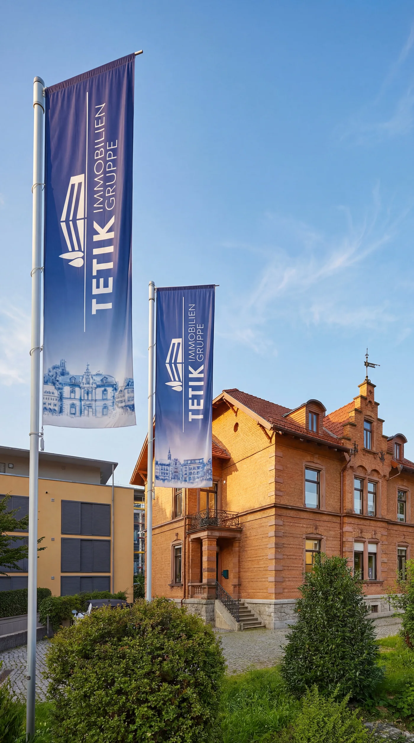 Seitliche Außenansicht der Villa Eglau mit TETIK Fahnen