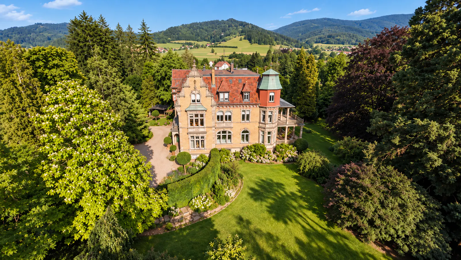 Luftaufnahme der Villa Oretha in Gutach mit Garten und bewaldeten Hügeln im Hintergrund