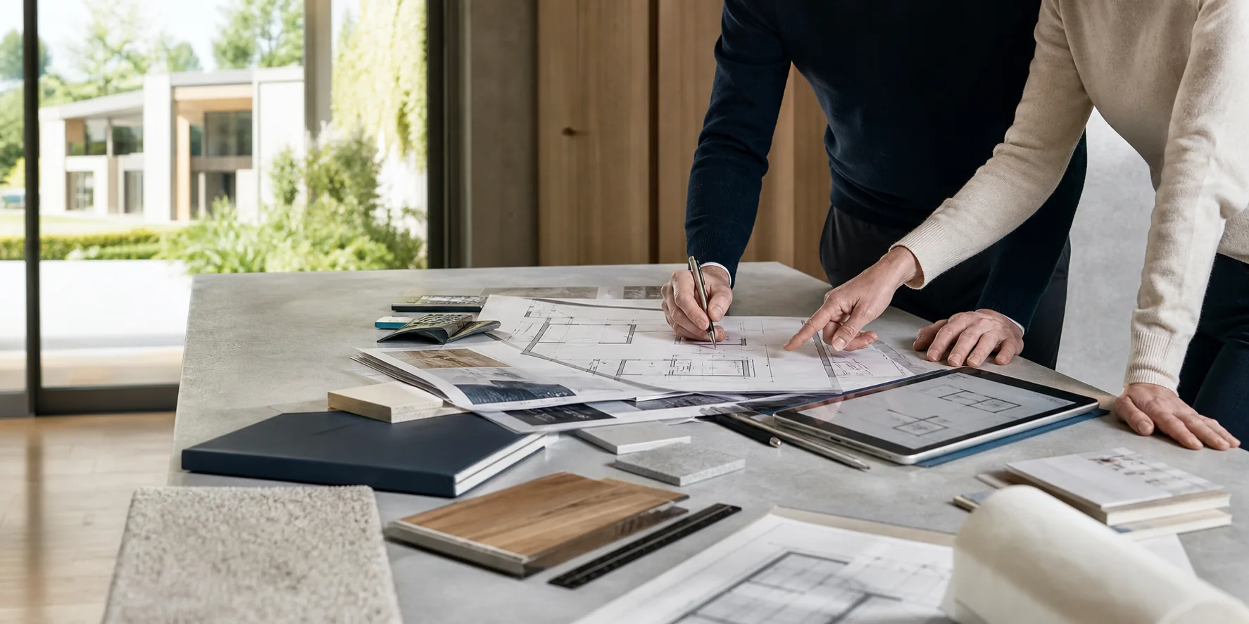 Professionelle Vorbereitung eines Immobilienverkaufs anhand von Plänen und Materialmustern
