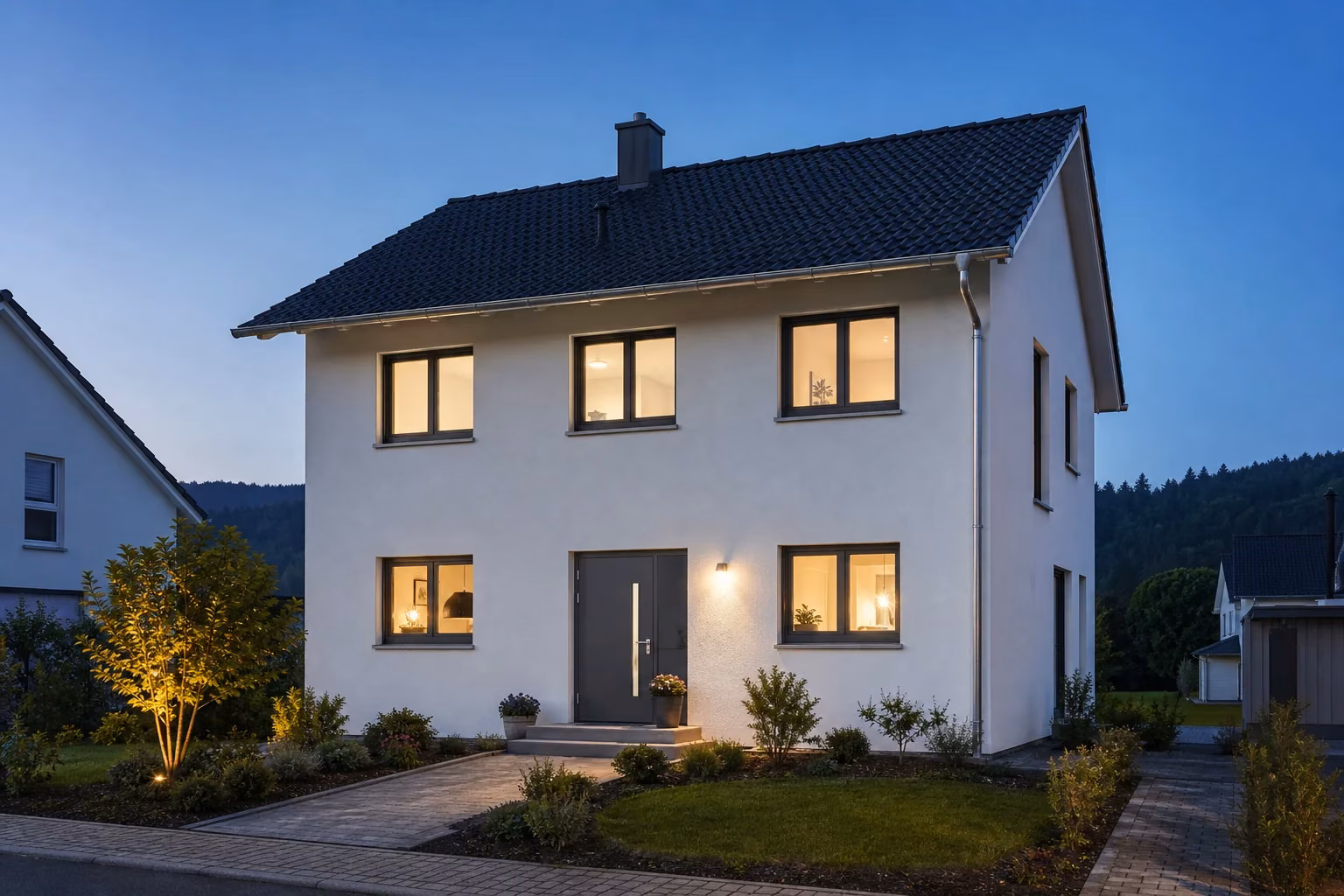 Realistisches gemeinsames Wohnhaus in Südbaden am frühen Abend